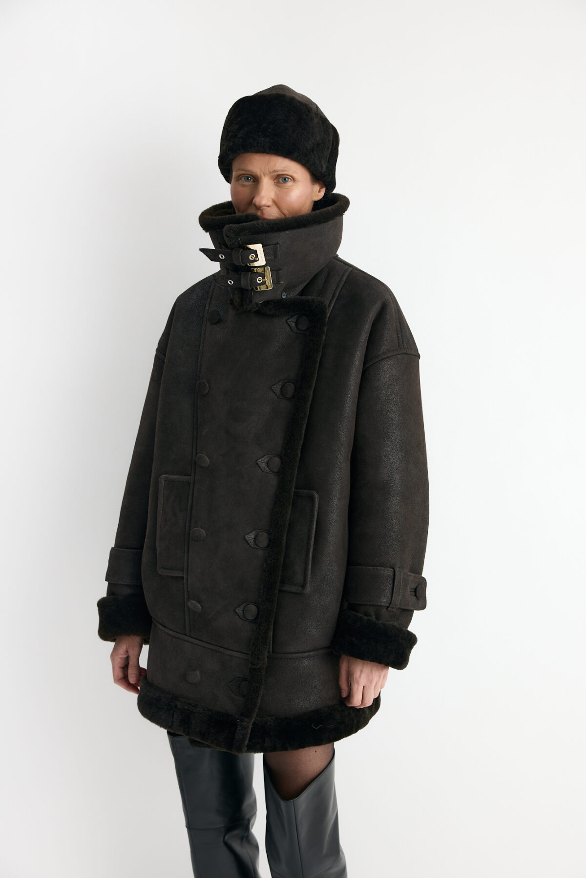 Kinu Midi Shearling Coat – Chocolate Brown